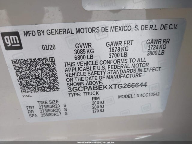 45360776 :رقم المزاد ، 3GCPABEKXTG266644 vin ، 2026 Chevrolet Silverado 1500 2wd  Short Bed Custom مزاد بيع