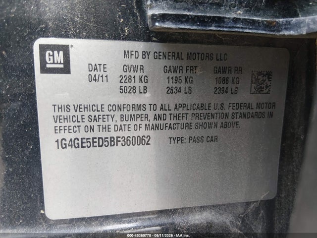 Продаж на аукціоні авто 2011 Buick Lacrosse Cxs, vin: 1G4GE5ED5BF360062, номер лоту: 45360778