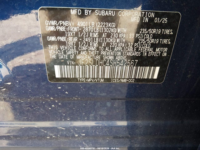 45360781 :رقم المزاد ، JF2SLDHC4SH542567 vin ، 2025 Subaru Forester Sport مزاد بيع