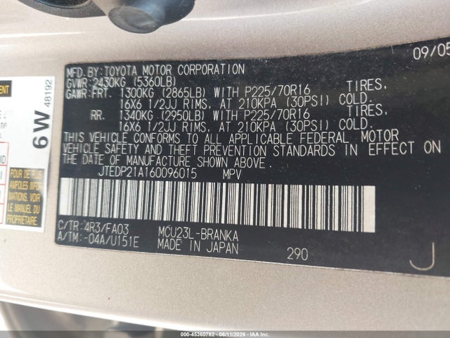 Aukcja sprzedaży 2006 Toyota Highlander V6, vin: JTEDP21A160096015, numer aukcji: 45360782