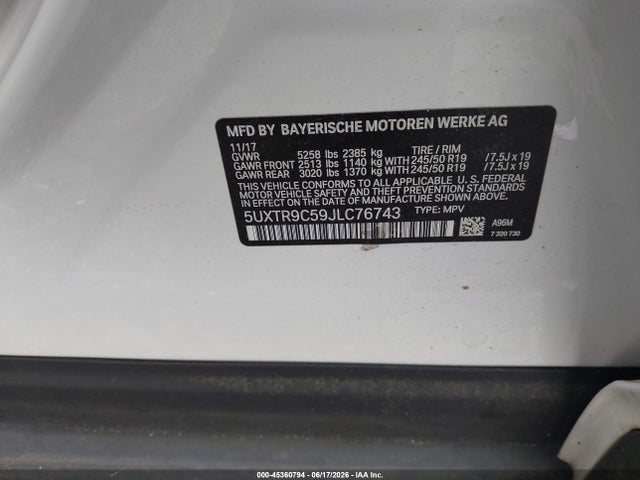 Продажа на аукционе авто 2018 Bmw X3 Xdrive30i, vin: 5UXTR9C59JLC76743, номер лота: 45360794