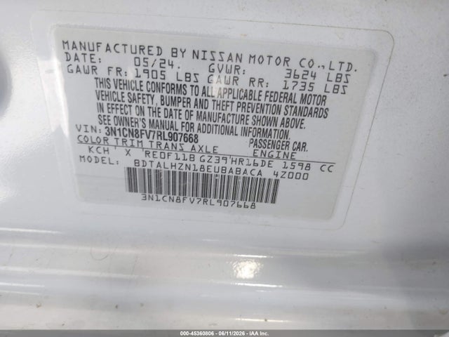 2024 Nissan Versa 1.6 Sr მანქანა იყიდება აუქციონზე, vin: 3N1CN8FV7RL907668, აუქციონის ნომერი: 45360806