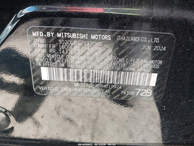 Продаж на аукціоні авто 2024 Mitsubishi Mirage Es/le, vin: ML32AUHJ6RH019924, номер лоту: 45360822