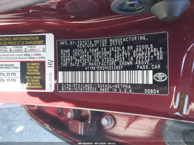 Toyota AVALON LIMITED 2017 4T1BK1EB2HU252657 Image 9