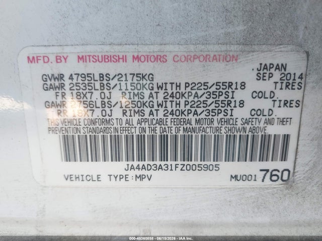 2015 Mitsubishi Outlander Se მანქანა იყიდება აუქციონზე, vin: JA4AD3A31FZ005905, აუქციონის ნომერი: 45360858