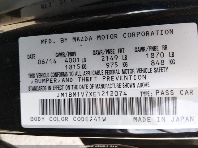 Aukcja sprzedaży 2014 Mazda Mazda3 I Touring, vin: JM1BM1V7XE1212074, numer aukcji: 45360871
