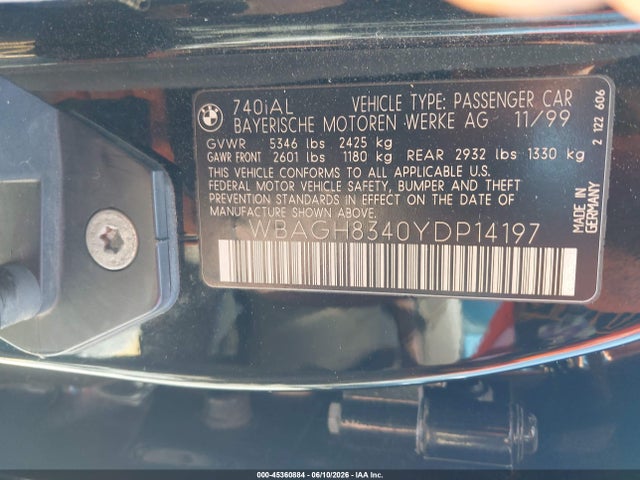 Продажа на аукционе авто 2000 Bmw 740il, vin: WBAGH8340YDP14197, номер лота: 45360884