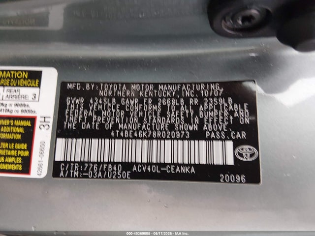 Aukcja sprzedaży 2008 Toyota Camry Le, vin: 4T4BE46K78R020973, numer aukcji: 45360885