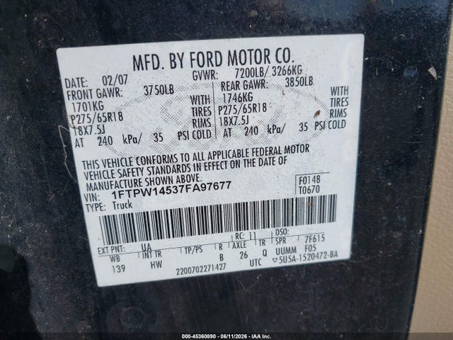 45360890 :رقم المزاد ، 1FTPW14537FA97677 vin ، 2007 Ford F-150 Fx4/lariat/xlt مزاد بيع