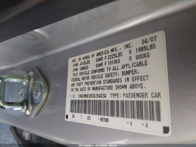 Aukcja sprzedaży 2007 Honda Accord 2.4 Se, vin: 1HGCM56397A154034, numer aukcji: 45360911