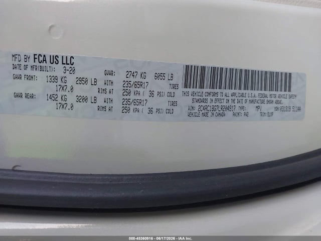 45360916 :رقم المزاد ، 2C4RC1BG7LR204917 vin ، 2020 Chrysler Pacifica Touring L مزاد بيع