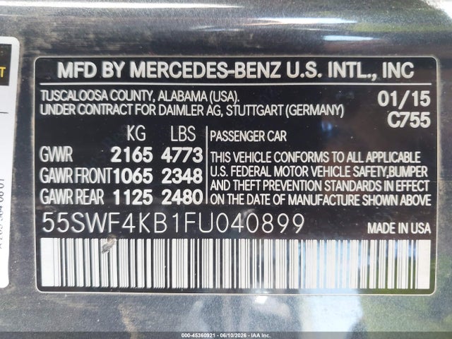 Aukcja sprzedaży 2015 Mercedes-benz C 300 Sport 4matic, vin: 55SWF4KB1FU040899, numer aukcji: 45360921