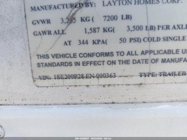 45360927 :رقم المزاد ، 1SE200P28EN000363 vin ، 2014 Skyline Walkabout M-28bd مزاد بيع