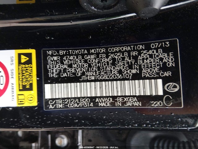 2013 Lexus Es 300h მანქანა იყიდება აუქციონზე, vin: JTHBW1GG8D2036107, აუქციონის ნომერი: 45360947