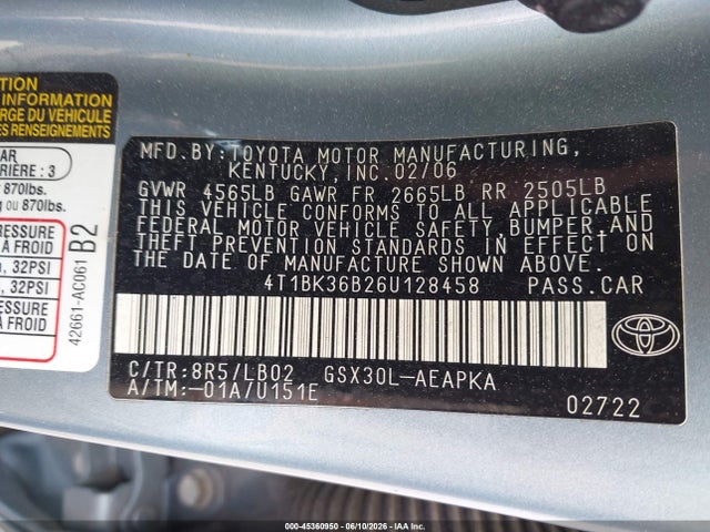 Aukcja sprzedaży 2006 Toyota Avalon Limited, vin: 4T1BK36B26U128458, numer aukcji: 45360950