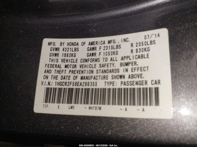 1HGCR2F56EA296355 Honda Accord Sport