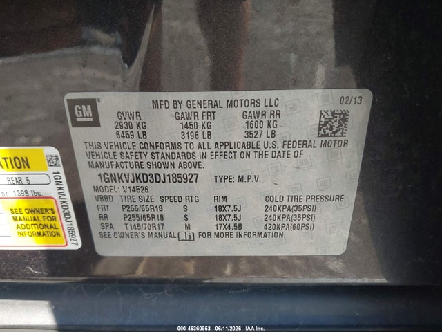 Продаж на аукціоні авто 2013 Chevrolet Traverse Lt, vin: 1GNKVJKD3DJ185927, номер лоту: 45360953
