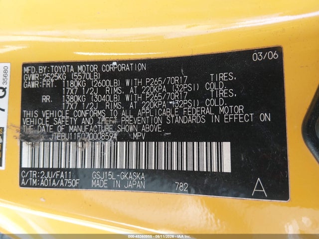 Aukcja sprzedaży 2007 Toyota Fj Cruiser, vin: JTEBU11F070008594, numer aukcji: 45360955