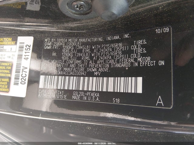 2010 Toyota Sienna Le მანქანა იყიდება აუქციონზე, vin: 5TDKK4CC3AS330942, აუქციონის ნომერი: 45360966