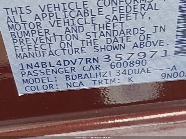1N4BL4DV7RN357971 Nissan Altima Sv Fwd