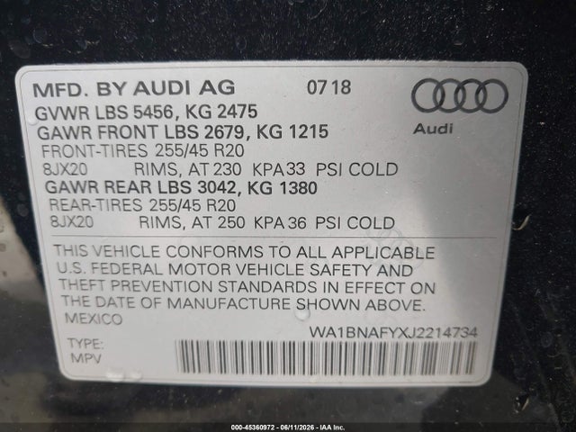 Aukcja sprzedaży 2018 Audi Q5 2.0t Premium/2.0t Tech Premium, vin: WA1BNAFYXJ2214734, numer aukcji: 45360972