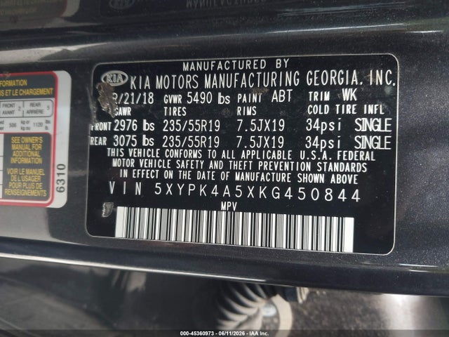 5XYPK4A5XKG450844 KIA Sorento 3.3l Sxl