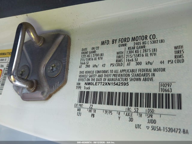 Aukcja sprzedaży 2022 Ford Transit Connect Xlt, vin: NM0LE7T2XN1542595, numer aukcji: 45360974