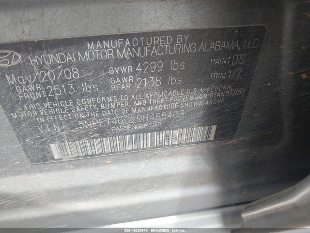2009 Hyundai Sonata Gls მანქანა იყიდება აუქციონზე, vin: 5NPET46C29H465403, აუქციონის ნომერი: 45360979
