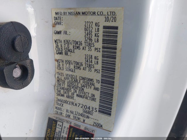 Auction sale of the 2020 Nissan Frontier King Cab S 4x2, vin: 1N6ED0CE9LN720435, lot number: 45360989