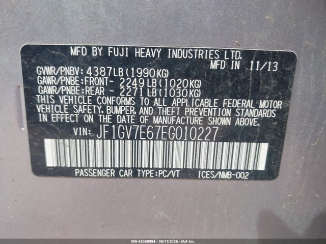 2014 Subaru Impreza Wrx მანქანა იყიდება აუქციონზე, vin: JF1GV7E67EG010227, აუქციონის ნომერი: 45360994