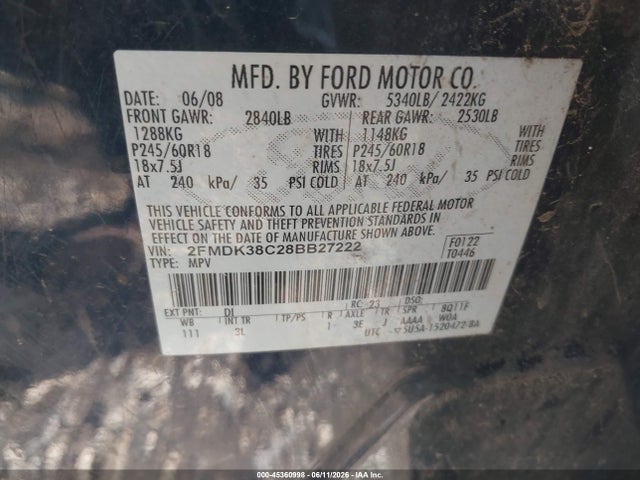 Aukcja sprzedaży 2008 Ford Edge Sel, vin: 2FMDK38C28BB27222, numer aukcji: 45360998