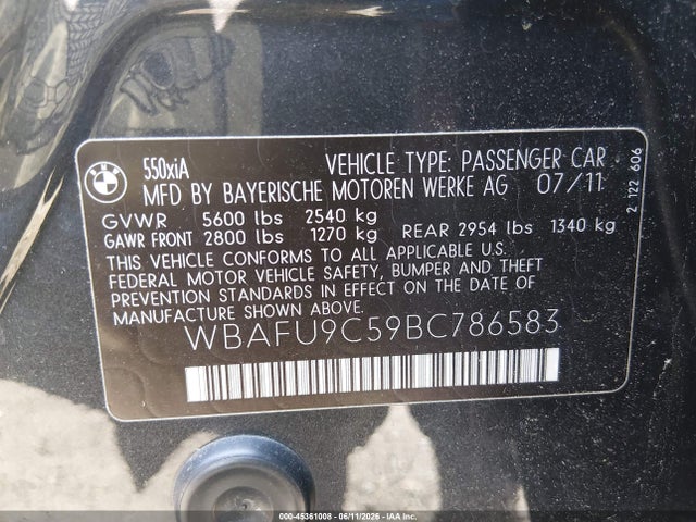 Aukcja sprzedaży 2011 Bmw 550i Xdrive, vin: WBAFU9C59BC786583, numer aukcji: 45361008