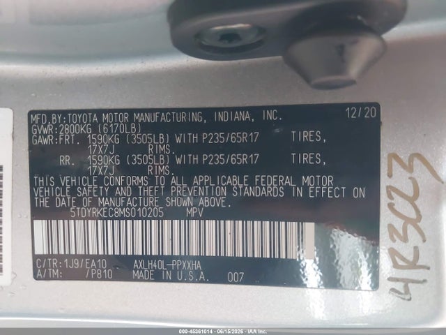 Toyota SIENNA XLE 2021 5TDYRKEC8MS010205 Image 9
