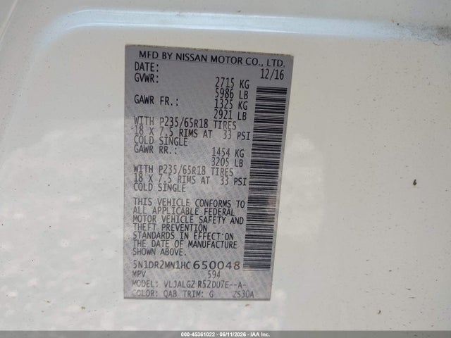 2017 Nissan Pathfinder Sl მანქანა იყიდება აუქციონზე, vin: 5N1DR2MN1HC650048, აუქციონის ნომერი: 45361022