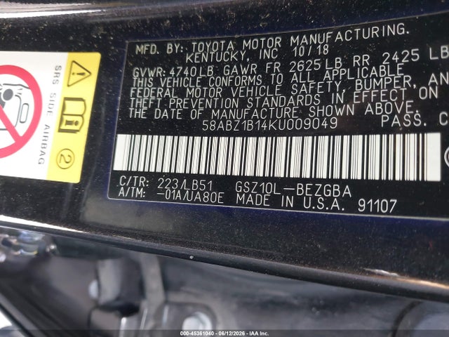 Aukcja sprzedaży 2019 Lexus Es 350 Luxury, vin: 58ABZ1B14KU009049, numer aukcji: 45361040