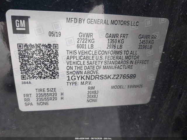 2019 Cadillac Xt5 Luxury მანქანა იყიდება აუქციონზე, vin: 1GYKNDRS5KZ276589, აუქციონის ნომერი: 45361045