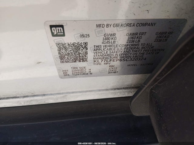 Aukcja sprzedaży 2025 Chevrolet Trax Fwd Ls, vin: KL77LFEP6SC320324, numer aukcji: 45361051