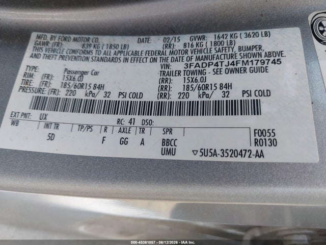Продажа на аукционе авто 2015 Ford Fiesta S, vin: 3FADP4TJ4FM179745, номер лота: 45361057