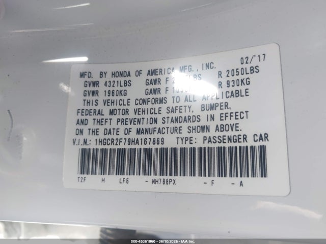 Honda ACCORD EX 2017 1HGCR2F79HA167869 Image 9