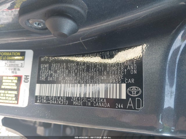 Aukcja sprzedaży 2019 Toyota Corolla Xse, vin: 2T1BURHE1KC163752, numer aukcji: 45361061