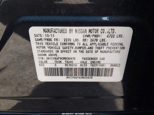 45361073 :رقم المزاد ، JN1CV6AP9CM930976 vin ، 2012 Infiniti G37 Journey مزاد بيع