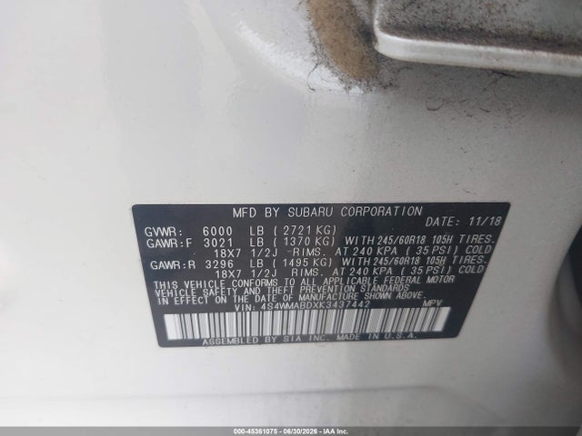 Subaru Ascent Premium 2019 4S4WMABDXK3437442 Image 9