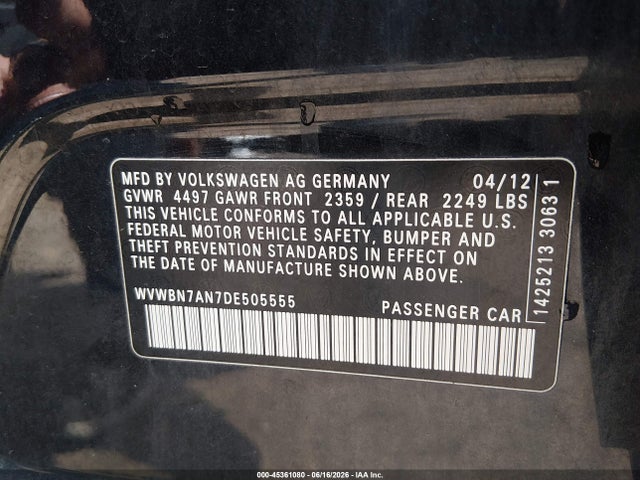 Aukcja sprzedaży 2013 Volkswagen Cc 2.0t Sport Plus, vin: WVWBN7AN7DE505555, numer aukcji: 45361080