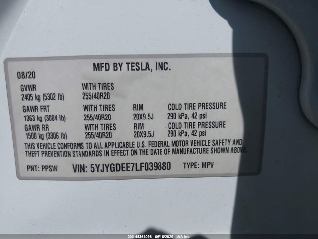 Продажа на аукционе авто 2020 Tesla Model Y Long Range Dual Motor All-wheel Drive, vin: 5YJYGDEE7LF039880, номер лота: 45361096