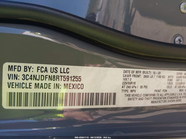 2024 Jeep Compass Latitude Lux Fwd მანქანა იყიდება აუქციონზე, vin: 3C4NJDFN8RT591255, აუქციონის ნომერი: 45361115