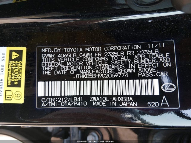 Aukcja sprzedaży 2012 Lexus Ct 200h Premium, vin: JTHKD5BH9C2069774, numer aukcji: 45361123