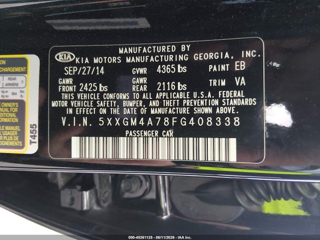 Aukcja sprzedaży 2015 Kia Optima Lx, vin: 5XXGM4A78FG408338, numer aukcji: 45361125