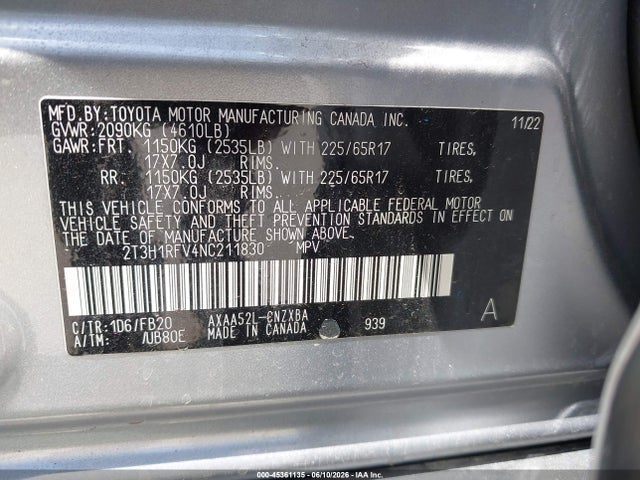 2022 Toyota Rav4 Le მანქანა იყიდება აუქციონზე, vin: 2T3H1RFV4NC211830, აუქციონის ნომერი: 45361135