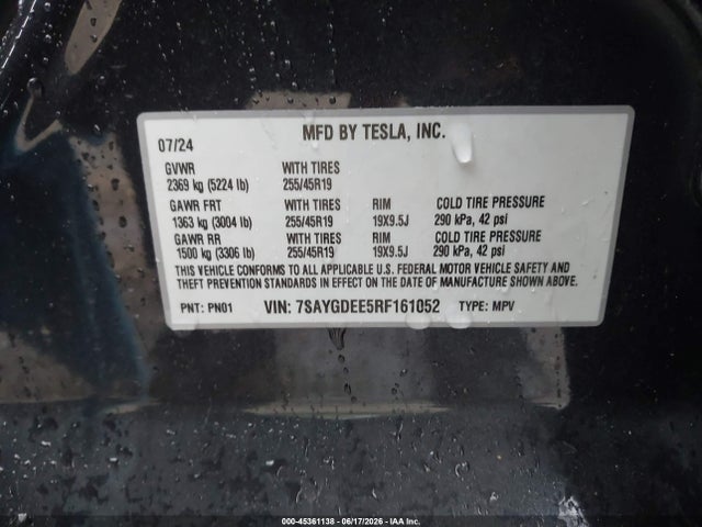 45361138 :رقم المزاد ، 7SAYGDEE5RF161052 vin ، 2024 Tesla Model Y Long Range Dual Motor All-wheel Drive مزاد بيع