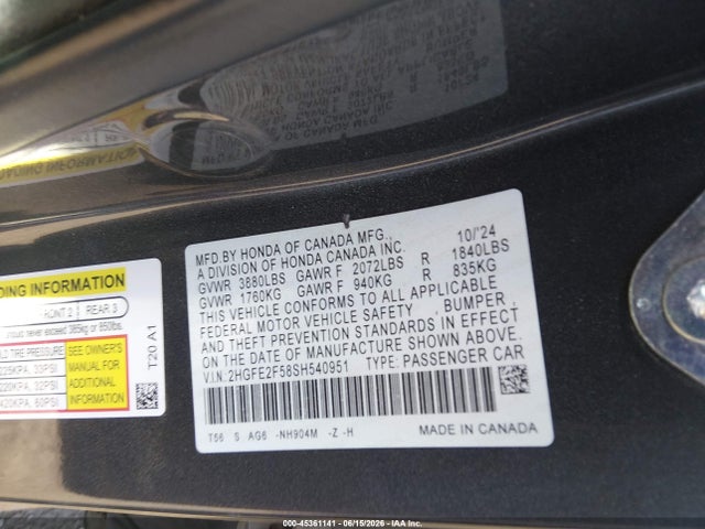Honda Civic Sport 2025 2HGFE2F58SH540951 Image 9
